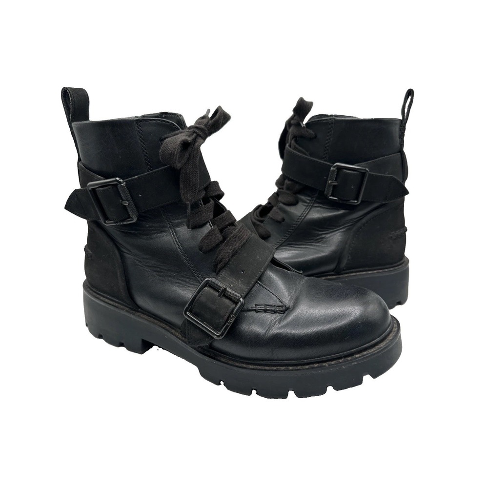 UGG Noe Combat Boots Women's Size 9.5 Black Moto Biker Chunky Leather 1104731